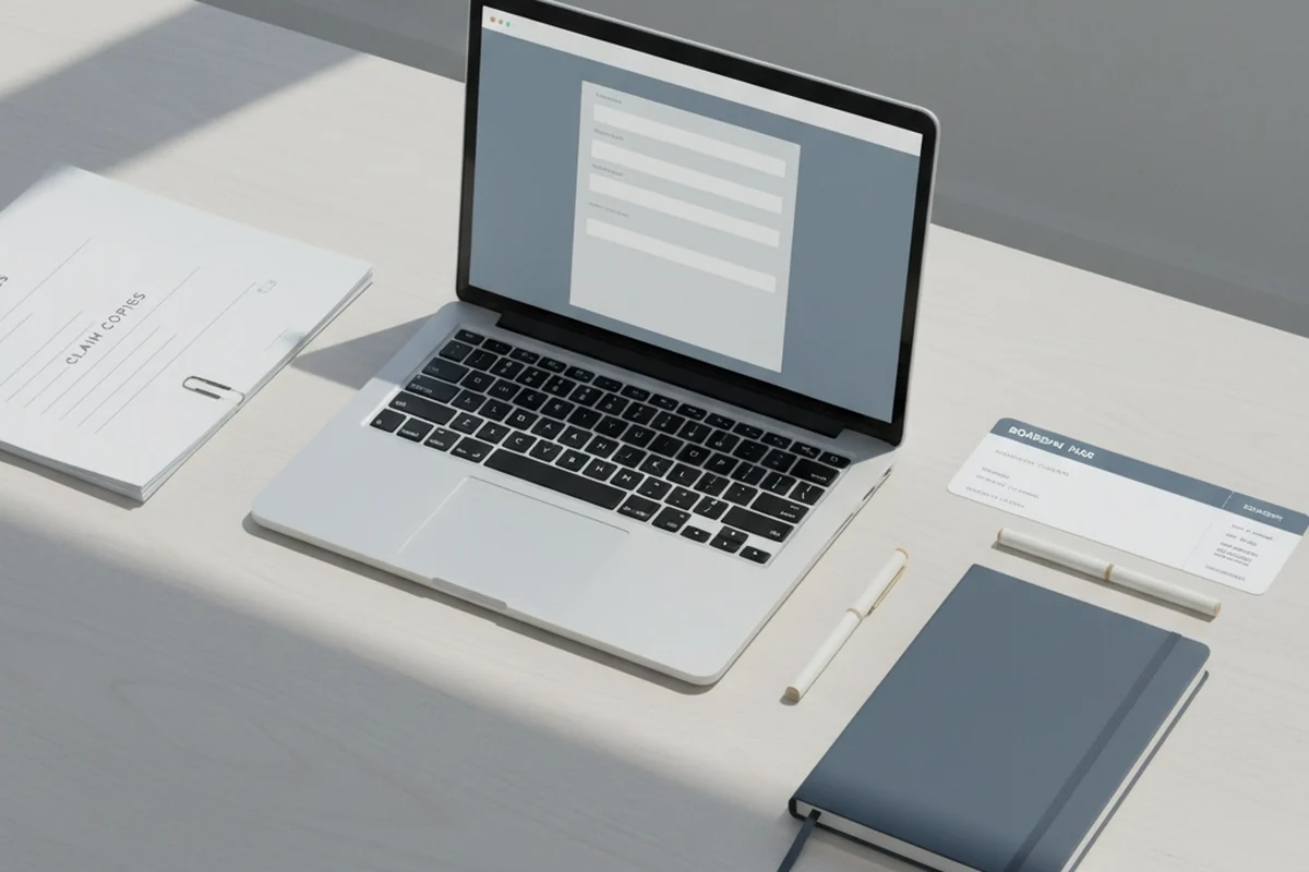 Overhead view of a tidy desk with a laptop, boarding pass, pen and notebook for documenting a compensation claim