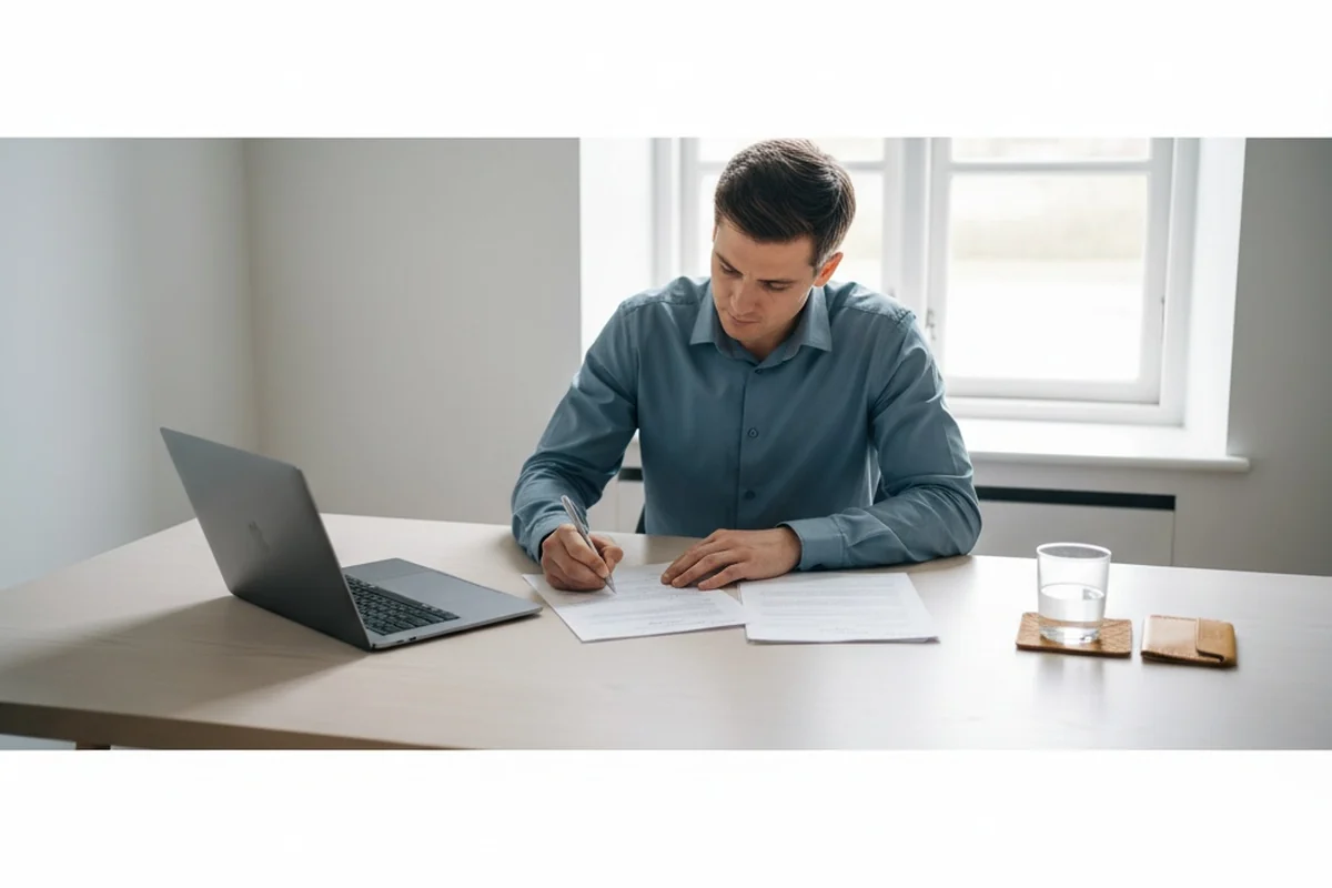 A passenger at a bright desk calmly escalating a flight compensation claim with documents and a laptop