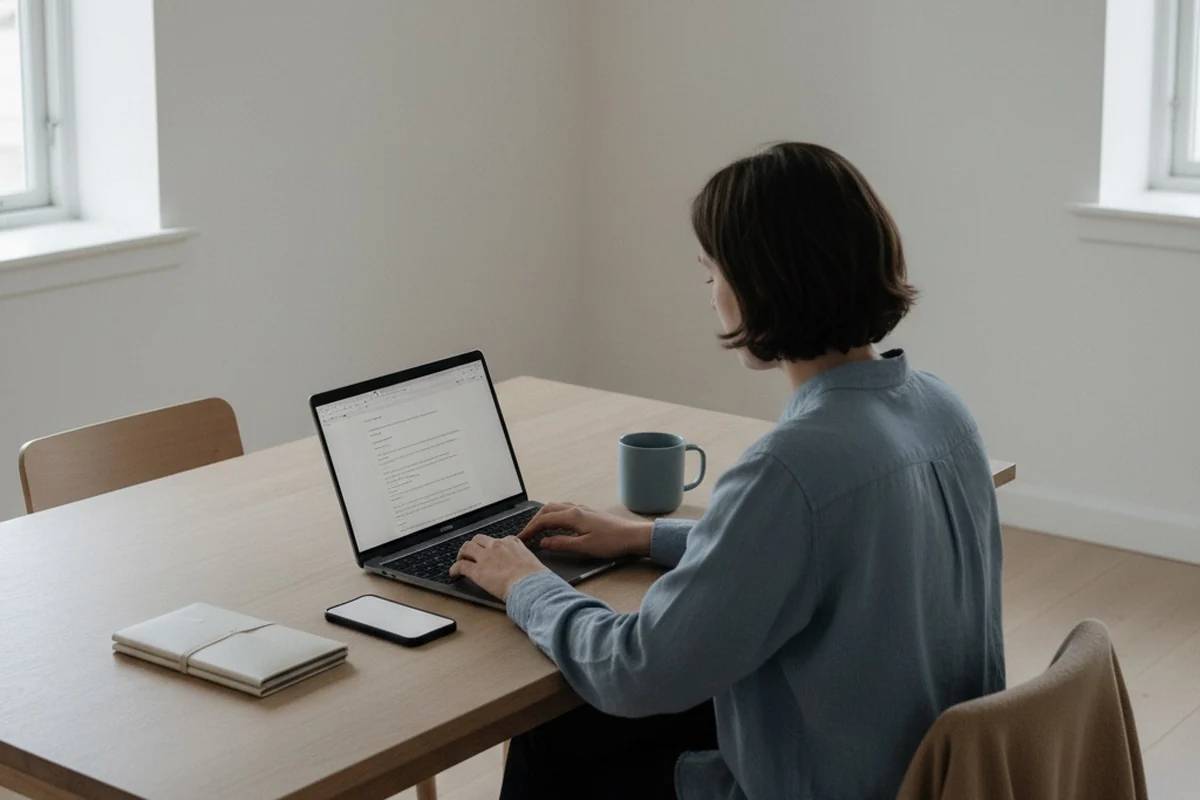 A person at a kitchen table writing a factual message on a laptop, with a phone and travel documents beside them
