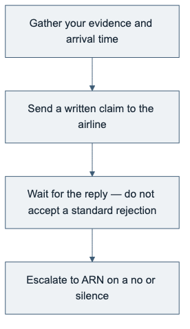Four-step flow chart for an EU 261 claim: gather evidence, send a written claim to the airline, wait for the reply, escalate to ARN on a no